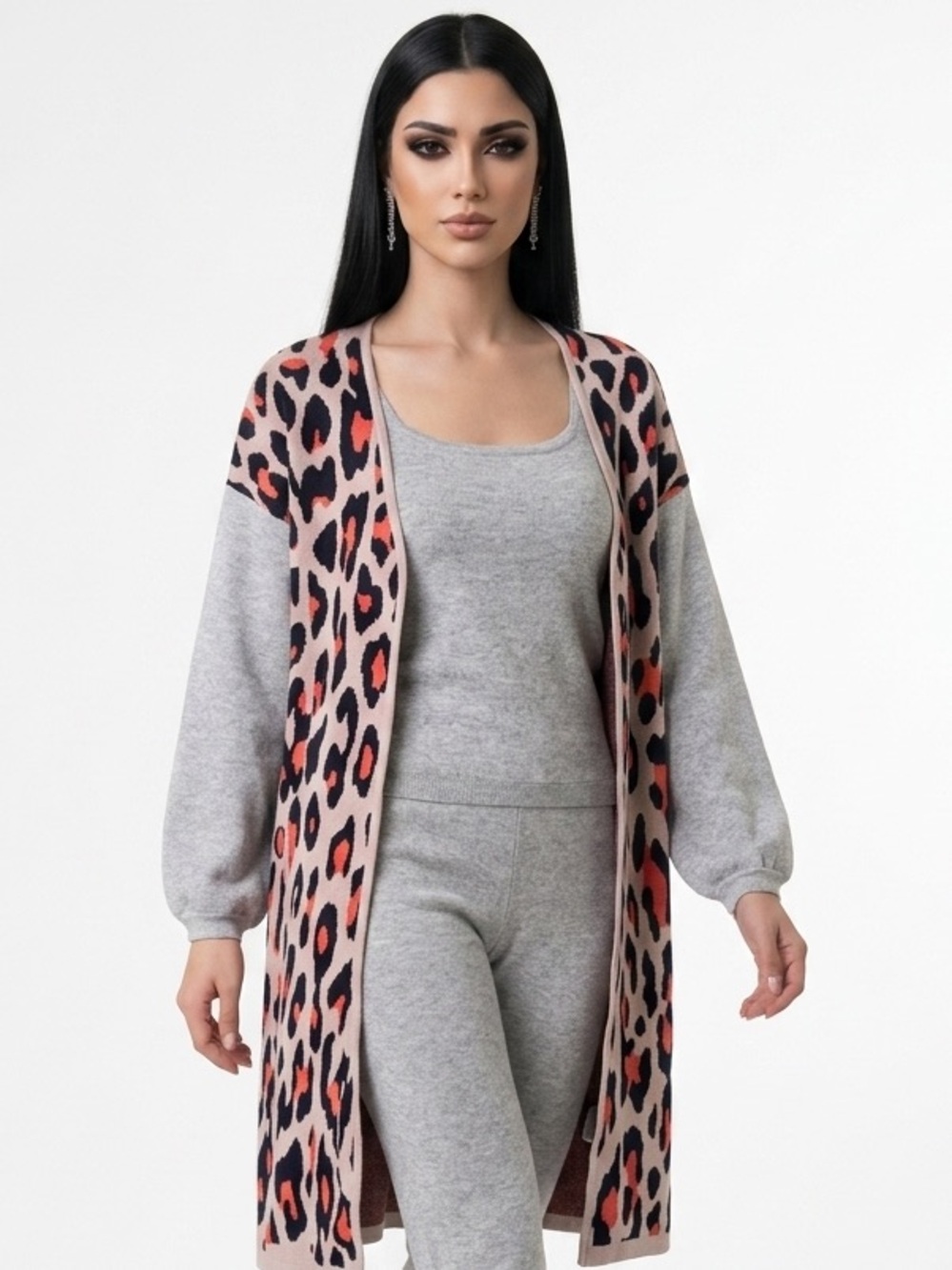 THML | Animal Print Thick Knit Open Front Cardigan Orange Gray Women’s Size M